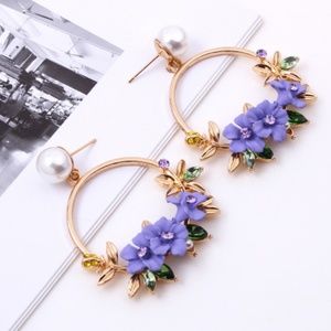 Lavender Round Drop Crystal Flower Earrings